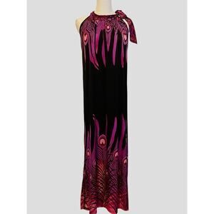 Statement Maxi Dress Womens M Peacock Silky‎ Stretch Resort Tropical Vacation
